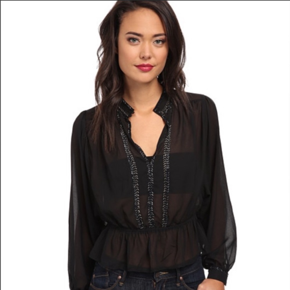 Free People black Sheer Blouse w/ Beading, size M